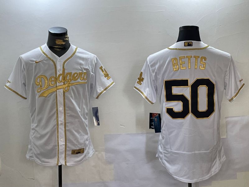 Men Los Angeles Dodgers #50 Betts White Gold Elite 2024 Nike MLB Jersey style 1->los angeles dodgers->MLB Jersey